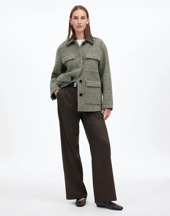 Women Leather Collar FlapPocket Field Jacket Grey Textured Tweed Madewell Coats Jackets Women Leather Collar FlapPocket Field Jacket Grey Textured Tweed Madewell Coats Jackets