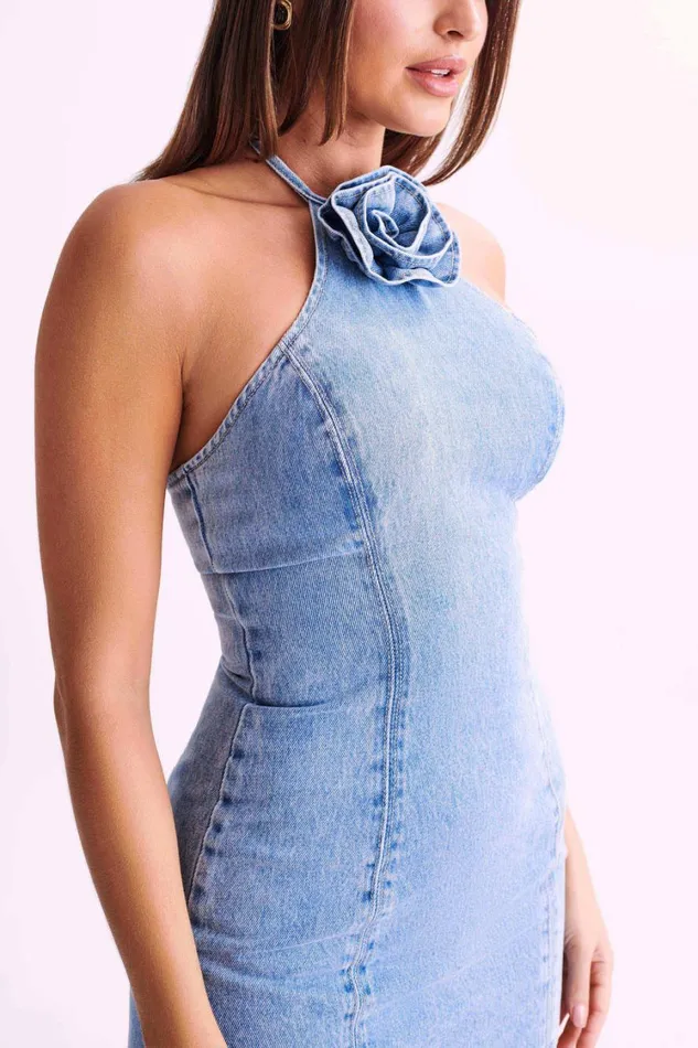 Women Meshki Dresses Carrie Rose Denim Mini Dress 8211 Mid Blue