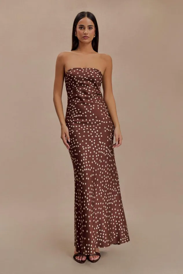 Women Meshki Dresses Claudette Strapless Satin Maxi Dress 8211 Brown Polka Dot Print