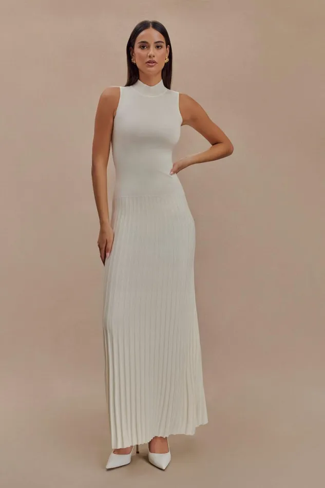 Women Meshki Dresses Mavis High Neck Pleated Maxi Dress 8211 Ivory