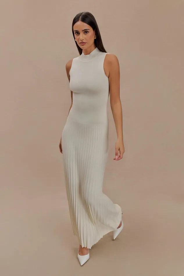 Women Meshki Dresses Mavis High Neck Pleated Maxi Dress 8211 Ivory