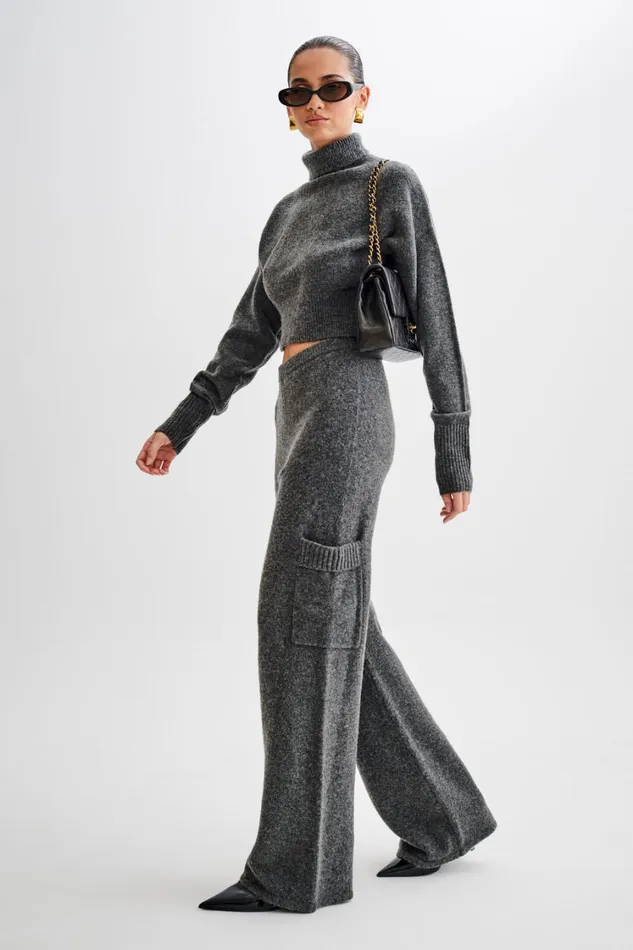 Women Meshki Tops Darius Turtleneck Knit Crop Top 8211 Charcoal Marle