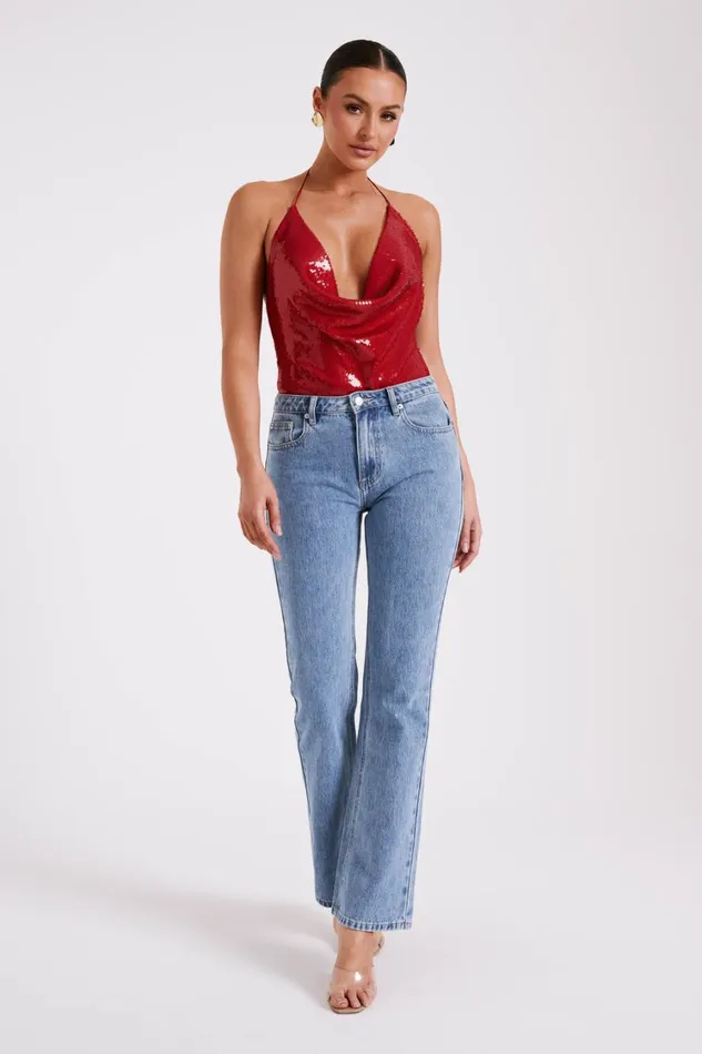 Women Meshki Tops Nathalie Sequin Cowl Bodysuit 8211 Red