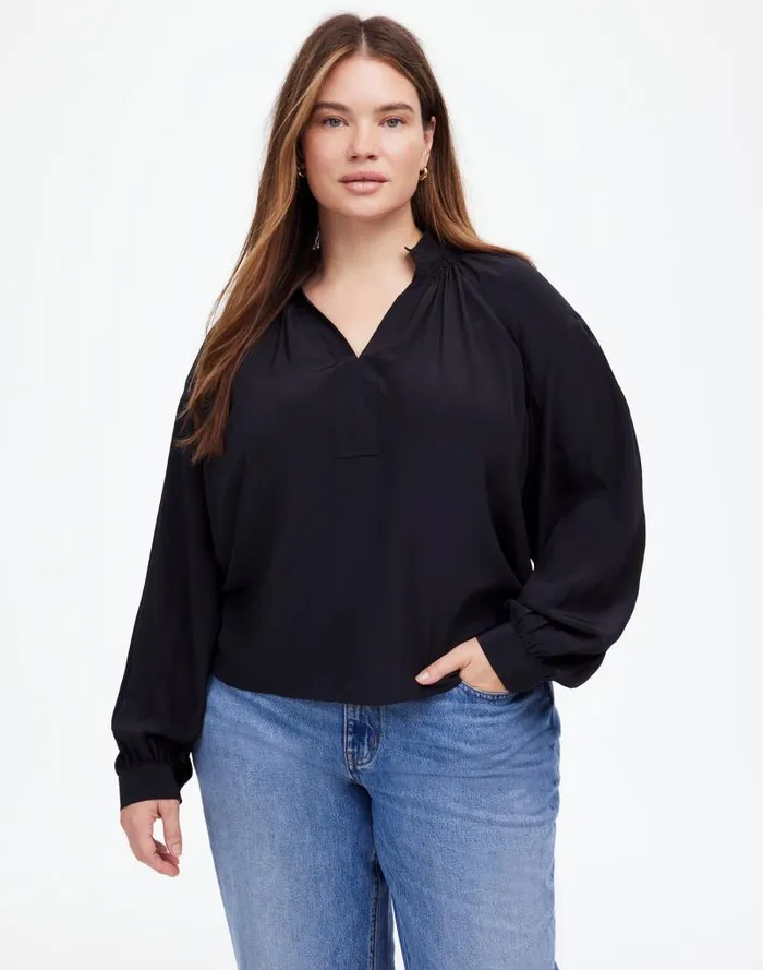 Women Plus Shirred LongSleeve Top In Silk True Black Madewell Tops and Shirts