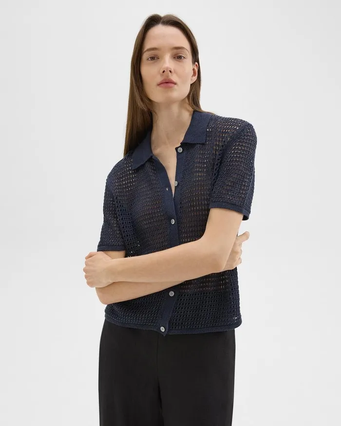 Women Theory Sweaters Cardigans Mesh ShortSleeve Shirt In LinenViscose Nocturne Navy Women Theory Sweaters Cardigans Mesh ShortSleeve Shirt In LinenViscose Nocturne Navy