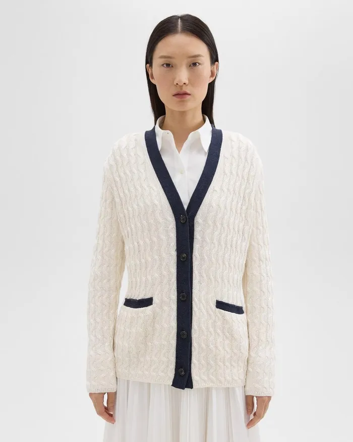 Women Theory Sweaters Cardigans VNeck Cardigan In Cable Knit Linen Bonenocturne Navy